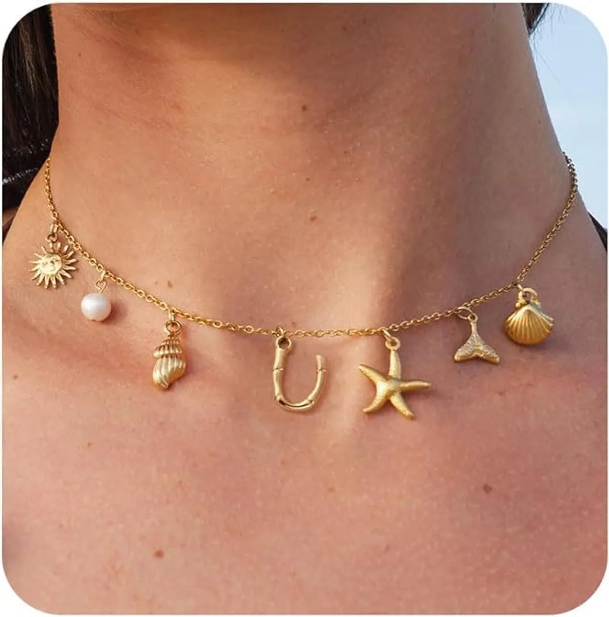 Brass 14K Gold Plated Pearl Letter Star Conch Pendant Necklace