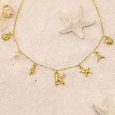 Brass 14K Gold Plated Pearl Letter Star Conch Pendant Necklace