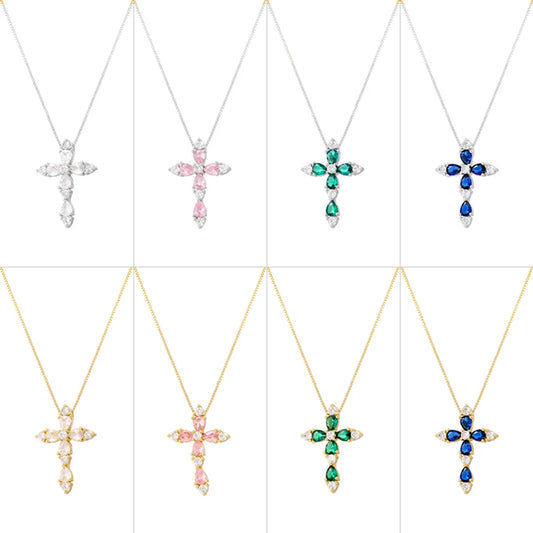 Brass 18K Gold Plated Hip-Hop Luxurious Cool Style Cross Inlay Zircon Pendant Necklace