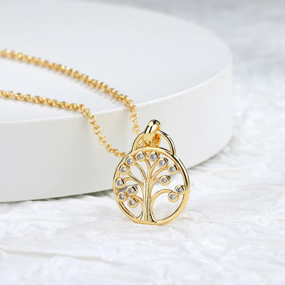 Brass 18K Gold Plated Hollow Out Inlay Double Ring Circle Tree Zircon Pendant Necklace