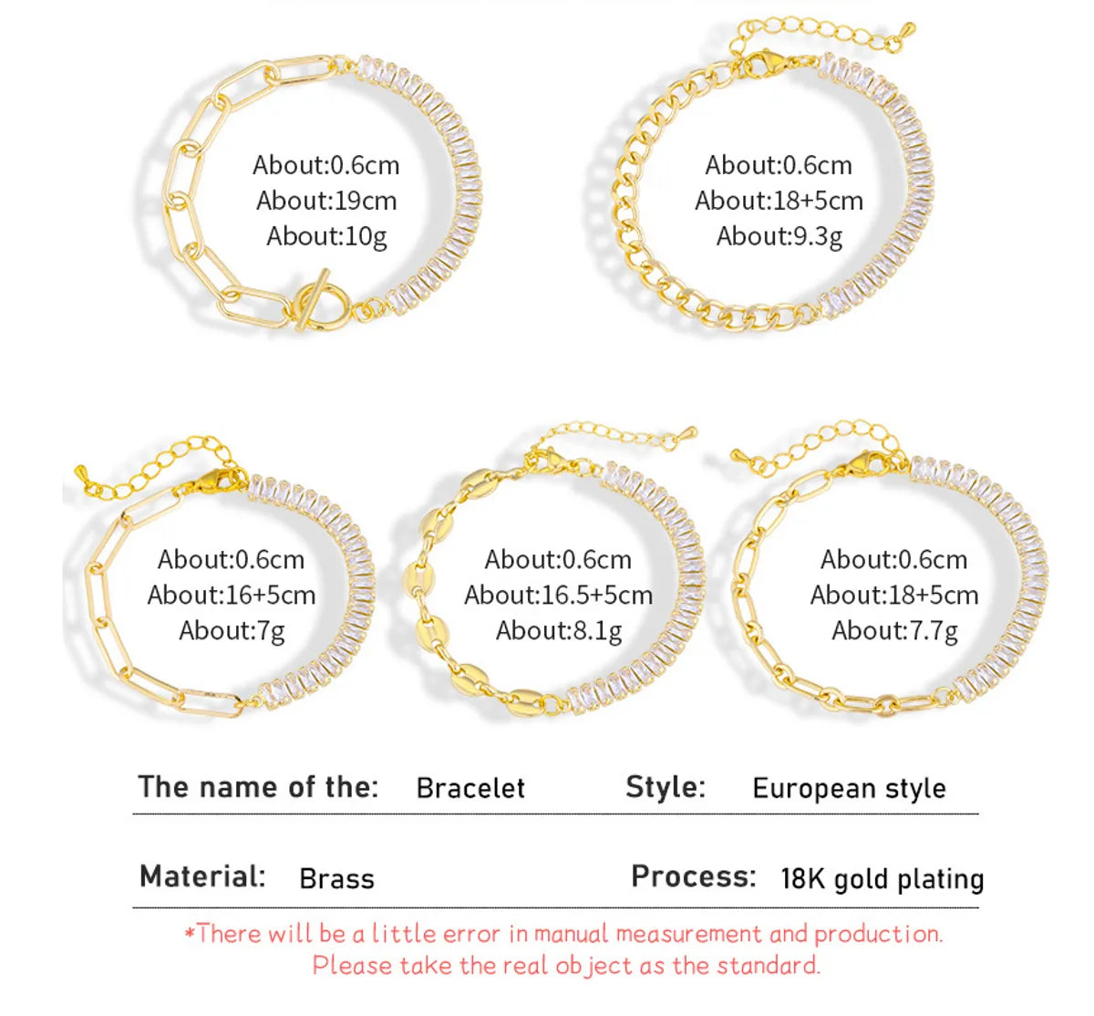 Brass 18K Gold Plated Simple Style Inlay Printing Zircon Bracelets