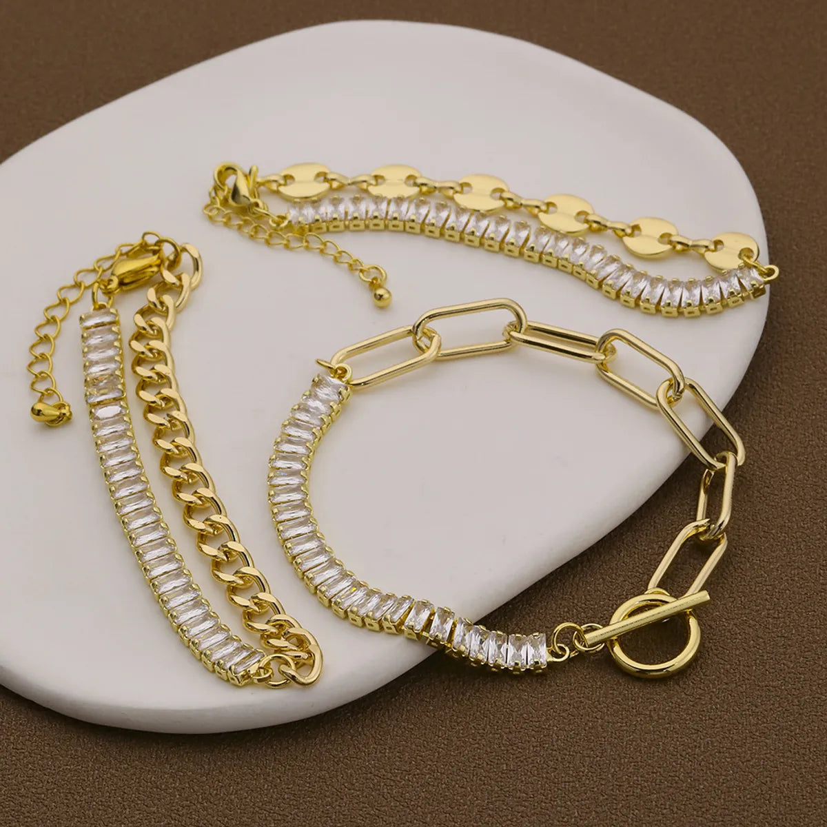 Brass 18K Gold Plated Simple Style Inlay Printing Zircon Bracelets