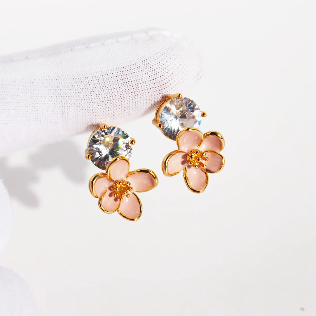 Brass 24K Gold Plated Inlay Floral Zircon Drop Earrings