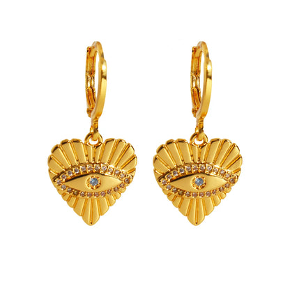 Brass 24K Gold Plated Inlay Heart Shape Eye Zircon Earrings Necklace