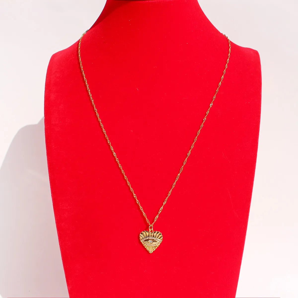 Brass 24K Gold Plated Inlay Heart Shape Eye Zircon Earrings Necklace