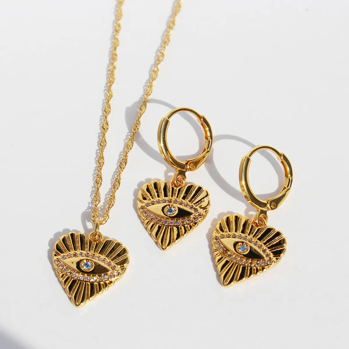 Brass 24K Gold Plated Inlay Heart Shape Eye Zircon Earrings Necklace