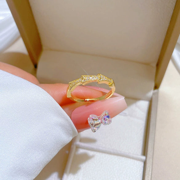 Brass Bamboo Zircon Full Diamond Opening Adjustable Cartoon Crown Ring For Women With Electroplating