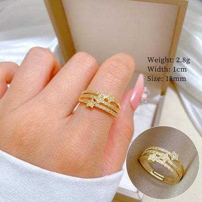 Brass Gold Plated Cute Classic Style Layered Inlay Star Zircon Adjustable Ring