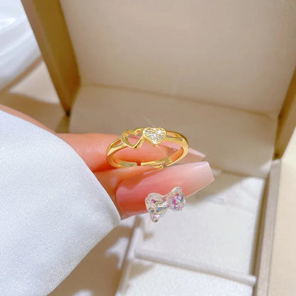 Brass Gold Plated IG Style Cute Sweet Inlay Heart Shape Zircon Open Rings