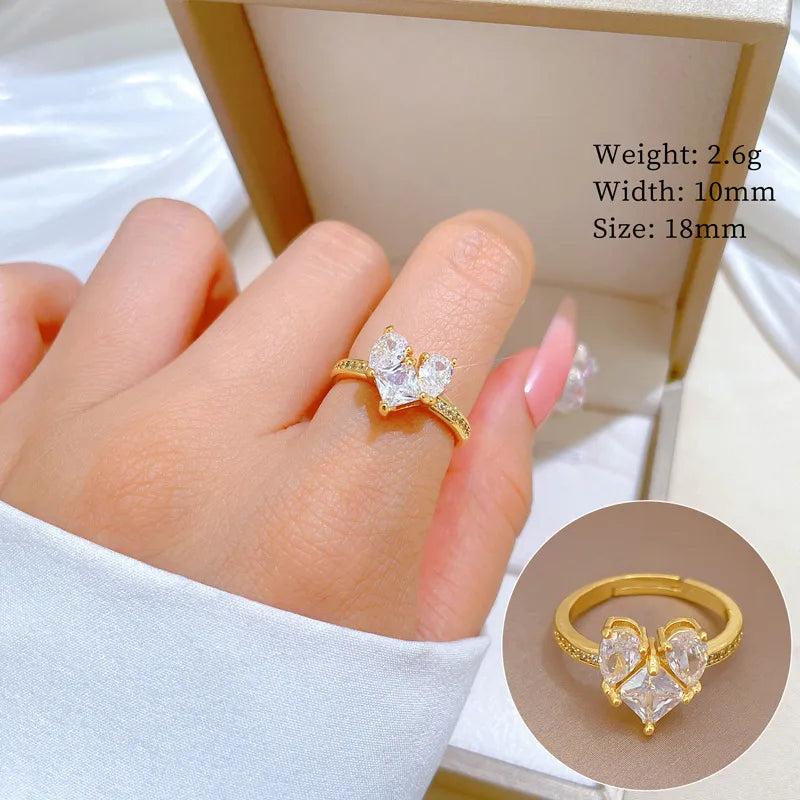 Brass Gold Plated IG Style Cute Sweet Inlay Heart Shape Zircon Open Rings