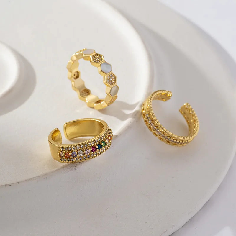 Brass Gold Plated Retro Wedding Plating Inlay Semicircle Round Colorful Zircon Rings