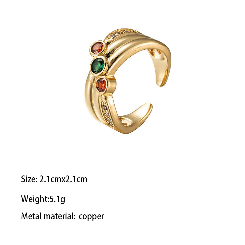 Brass Gold Plated Retro Wedding Plating Inlay Semicircle Round Colorful Zircon Rings