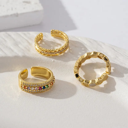 Brass Gold Plated Retro Wedding Plating Inlay Semicircle Round Colorful Zircon Rings