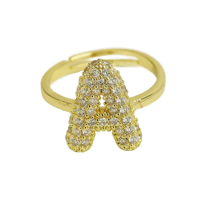 Brass Irregular Plating Letter Zircon Adjustable Ring