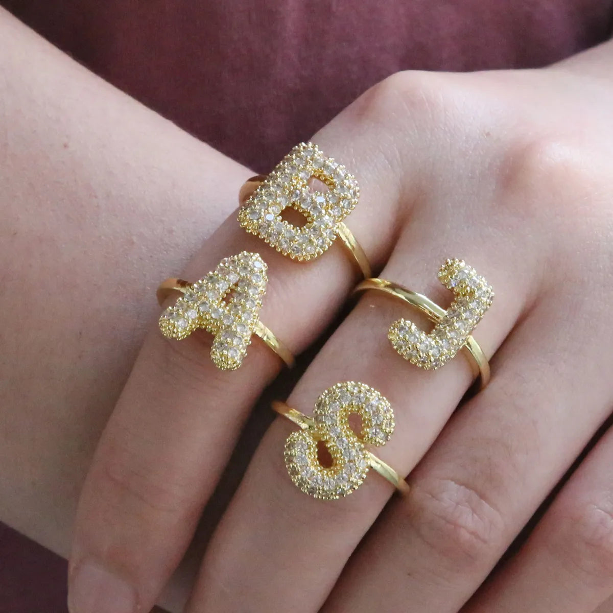 Brass Irregular Plating Letter Zircon Adjustable Ring