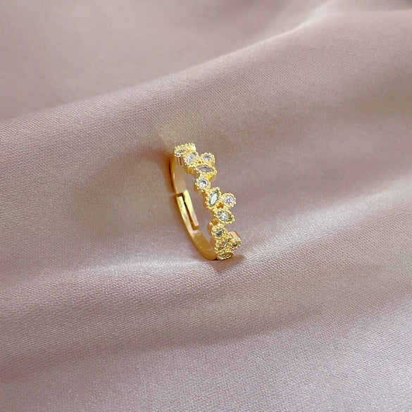 Brass Leaf Zircon Ring With The Crown Pattern Electroplated Adjustable Cartoon Style For Women