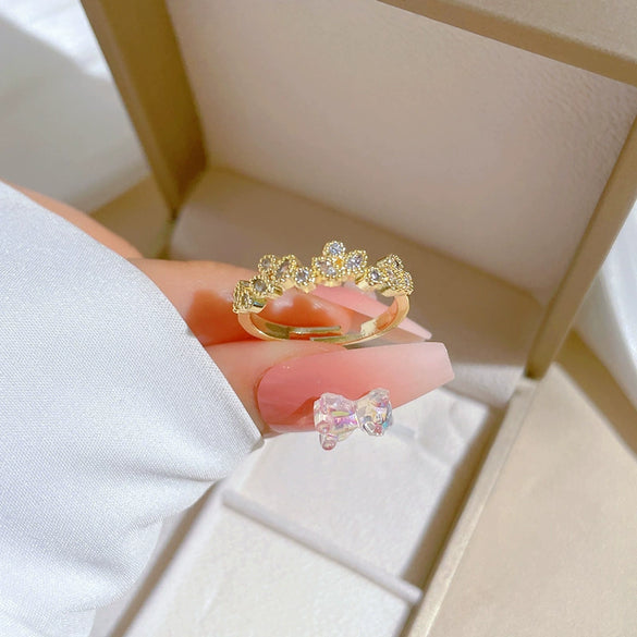 Brass Leaf Zircon Ring With The Crown Pattern Electroplated Adjustable Cartoon Style For Women