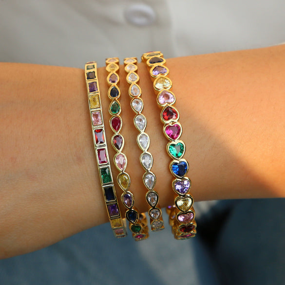 Brass Pearshaped Love Heartshaped Square Zircon Mixed Color Open Bracelet Stacking Electroplated