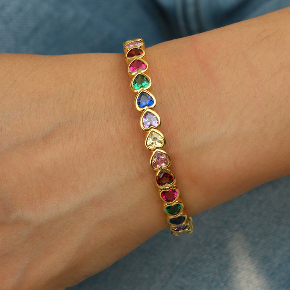 Brass Pearshaped Love Heartshaped Square Zircon Mixed Color Open Bracelet Stacking Electroplated