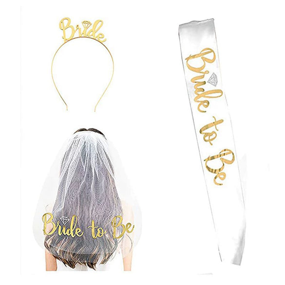 Bridal Crown Headband Shoulder Strap Veil Set Rose Gold Black 3Piece