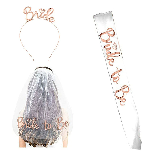 Bridal Crown Headband Shoulder Strap Veil Set Rose Gold Black 3Piece