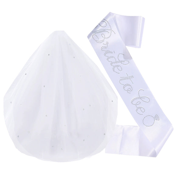 Bridal Doublelayer Rhinestone Veil Shoulder Strap Set With Onion Shape And Hot Lettering Satin Semimanual And Semimechanical Ceremonial Belt