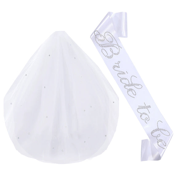 Bridal Doublelayer Rhinestone Veil Shoulder Strap Set With Onion Shape And Hot Lettering Satin Semimanual And Semimechanical Ceremonial Belt