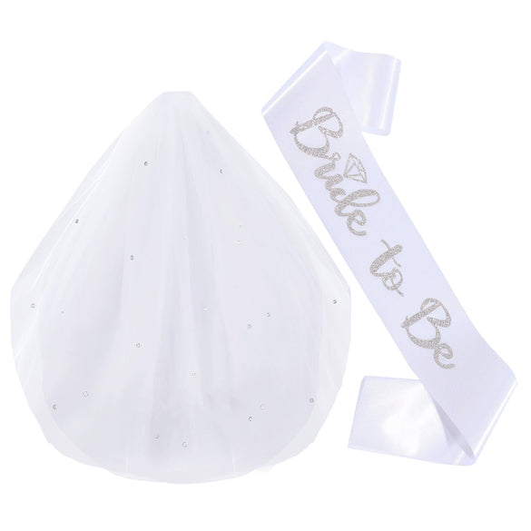 Bridal Doublelayer Rhinestone Veil Shoulder Strap Set With Onion Shape And Hot Lettering Satin Semimanual And Semimechanical Ceremonial Belt