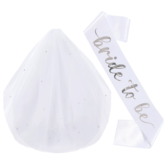 Bridal Doublelayer Rhinestone Veil Shoulder Strap Set With Onion Shape And Hot Lettering Satin Semimanual And Semimechanical Ceremonial Belt