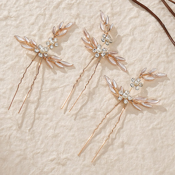 Bridal Hairpin Set With Rhinestone Pearl Leaf U Shaped Hairpin Handmade Hair Accessories
