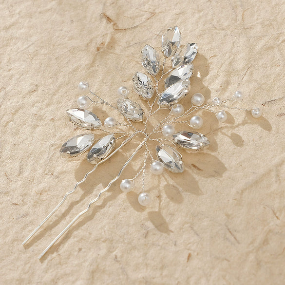 Bridal Headdress Handmade Pearl Ushaped Hairpin With Rhinestone And Leaf Pattern