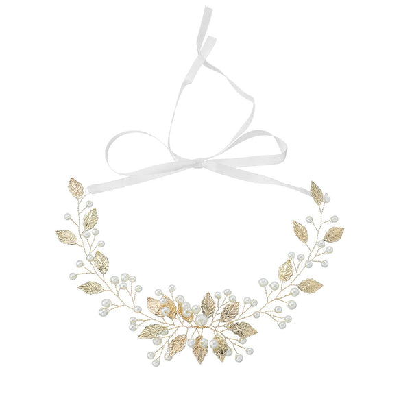 Bridal Headwear Handwoven Pearl Hair Band With Golden Leaf And Plaid Pattern