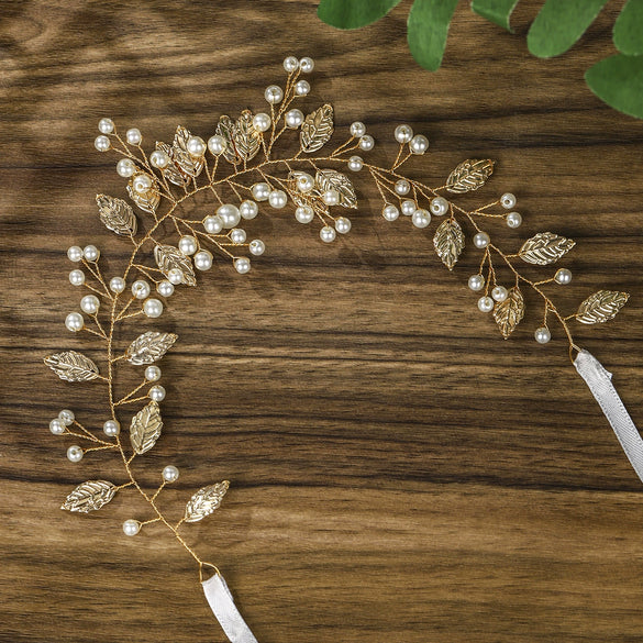 Bridal Headwear Handwoven Pearl Hair Band With Golden Leaf And Plaid Pattern