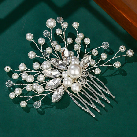 Bridal Jewelry Handmade Hair Comb Pearl Rhinestone Handwoven Flowers Style