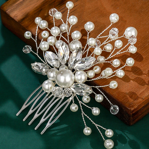Bridal Jewelry Handmade Hair Comb Pearl Rhinestone Handwoven Flowers Style