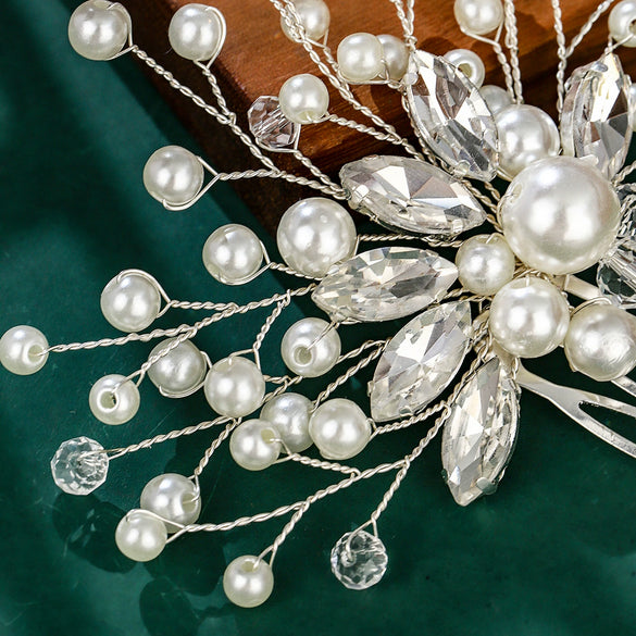 Bridal Jewelry Handmade Hair Comb Pearl Rhinestone Handwoven Flowers Style