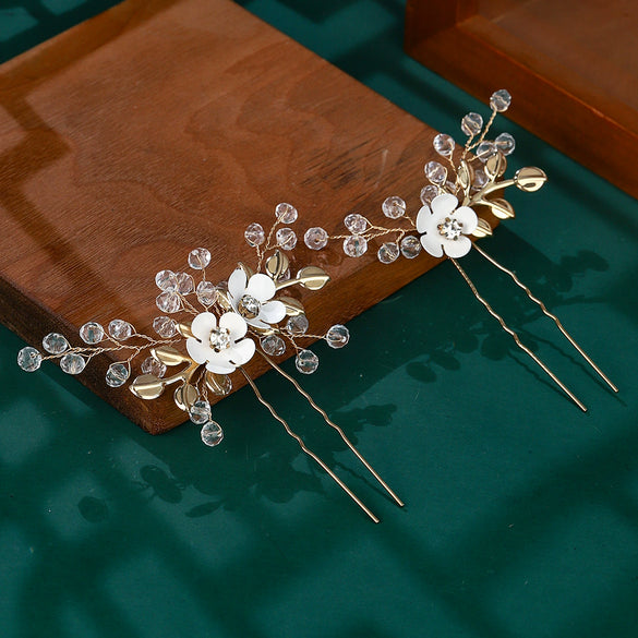 Bridal Jewelry Ushaped Handmade Alloy Hairpin With Leaf Flower Crystal Twopiece Set
