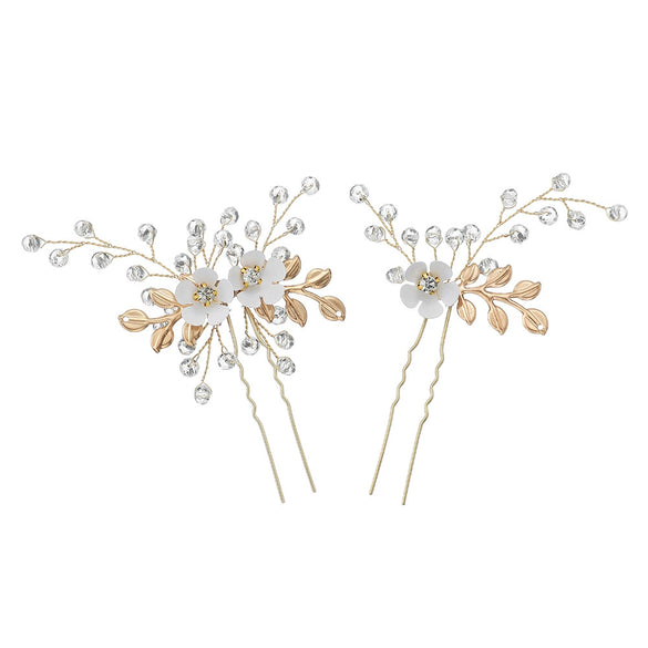 Bridal Jewelry Ushaped Handmade Alloy Hairpin With Leaf Flower Crystal Twopiece Set