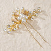 Bridal Leaf Flower U Shaped Hair Fork Handmade Pearl Alloy Rhinestone Hairpin Electroplated Metal Headdress