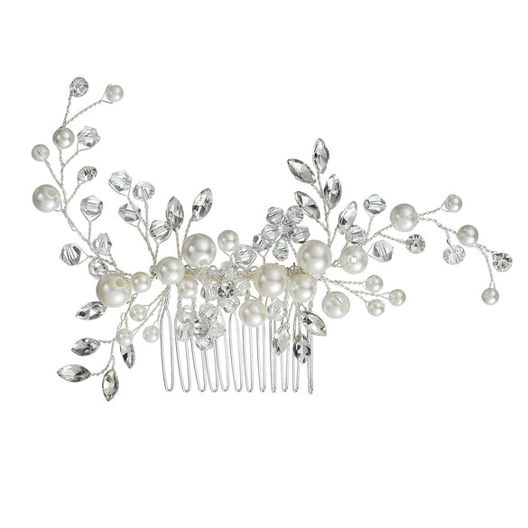Bridal Pearl Hair Comb With Marquise Rhinestones Handmade Crystal Flower Leaf Headdress For Women