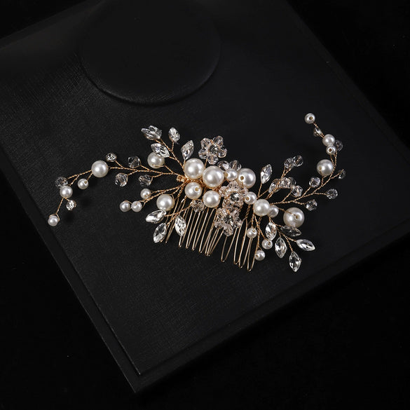 Bridal Pearl Hair Comb With Marquise Rhinestones Handmade Crystal Flower Leaf Headdress For Women