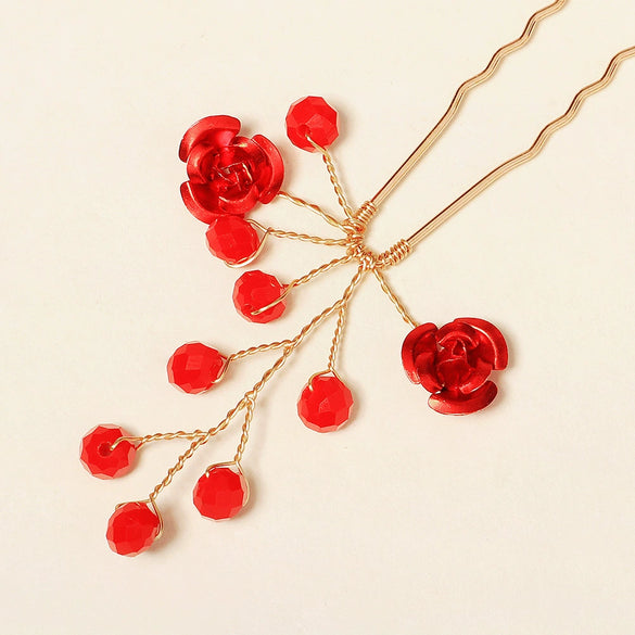 Bridal Red Crystal Flower Hair Fork Handmade Electroplated Metal Hairpin For Wedding And Evening Dress Accessories