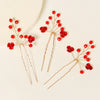Bridal Red Crystal Flower Hair Fork Handmade Electroplated Metal Hairpin For Wedding And Evening Dress Accessories