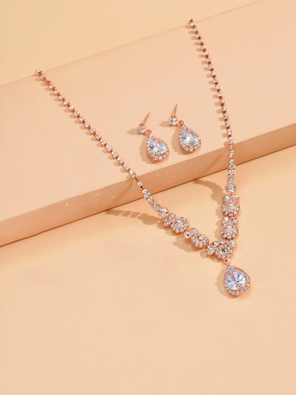 Bride Wedding Jewelry Set Threepiece Set Brilliant Rhinestone Zircon Tears Drop Necklace Earrings Bracelet