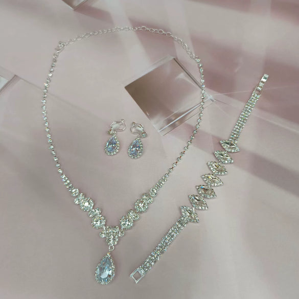 Bride Wedding Jewelry Set Threepiece Set Brilliant Rhinestone Zircon Tears Drop Necklace Earrings Bracelet