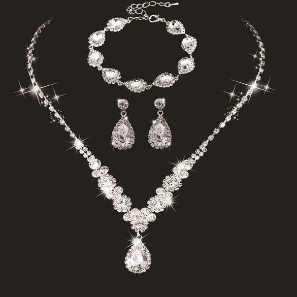 Bride Wedding Jewelry Set Threepiece Set Brilliant Rhinestone Zircon Tears Drop Necklace Earrings Bracelet