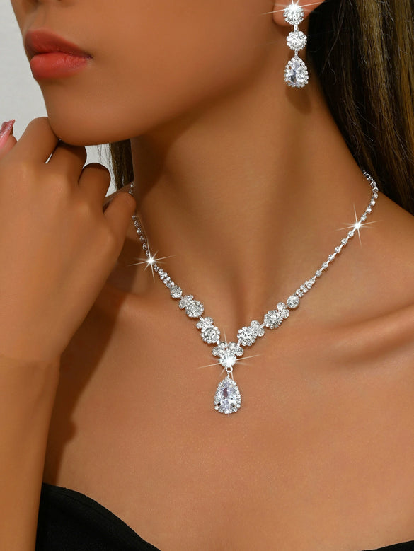 Bride Wedding Jewelry Set Threepiece Set Brilliant Rhinestone Zircon Tears Drop Necklace Earrings Bracelet