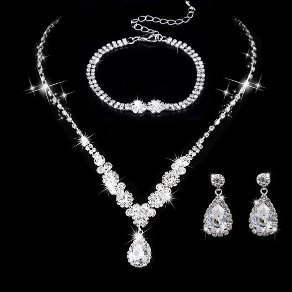 Bride Wedding Jewelry Set Threepiece Set Brilliant Rhinestone Zircon Tears Drop Necklace Earrings Bracelet