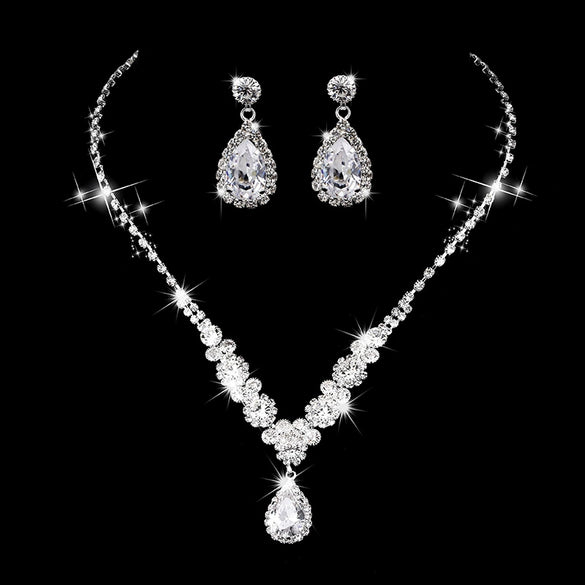Bride Wedding Jewelry Set Threepiece Set Brilliant Rhinestone Zircon Tears Drop Necklace Earrings Bracelet