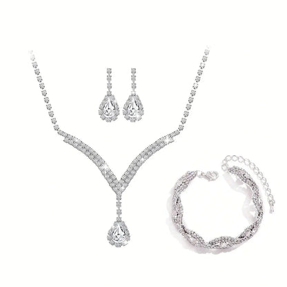 Bridesmaid Dance Costume Rhinestone Jewelry Suit Bridal Wedding Metal Zircon Water Drop Wave Necklace Earrings Bracelet